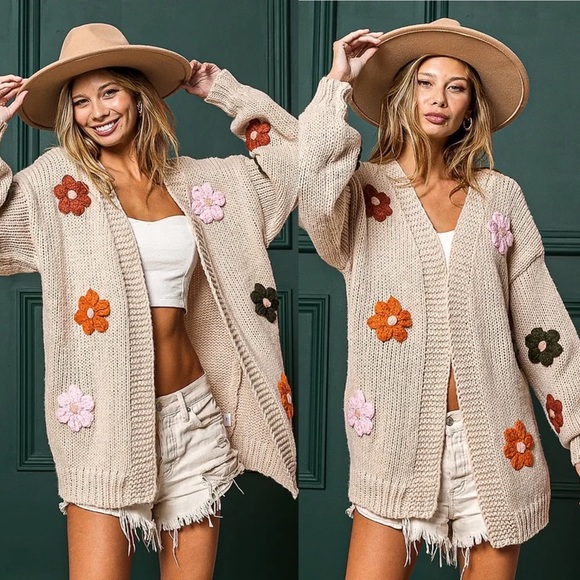 Anthropologie Sweaters - Oatmeal floral embroidered bishop sleeve cardigan sweater